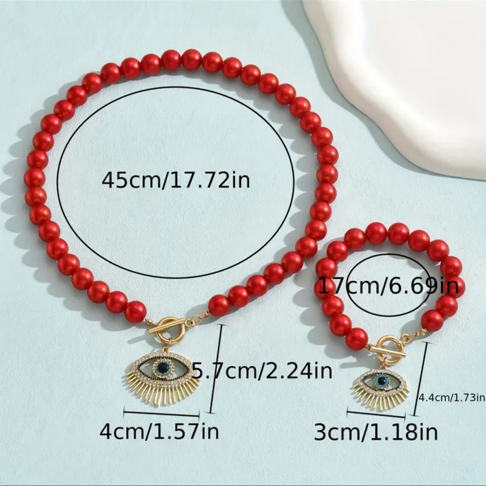 Elegant Beaded Necklace and Bracelet Set with Eye Pendant - Picture 3 of 7